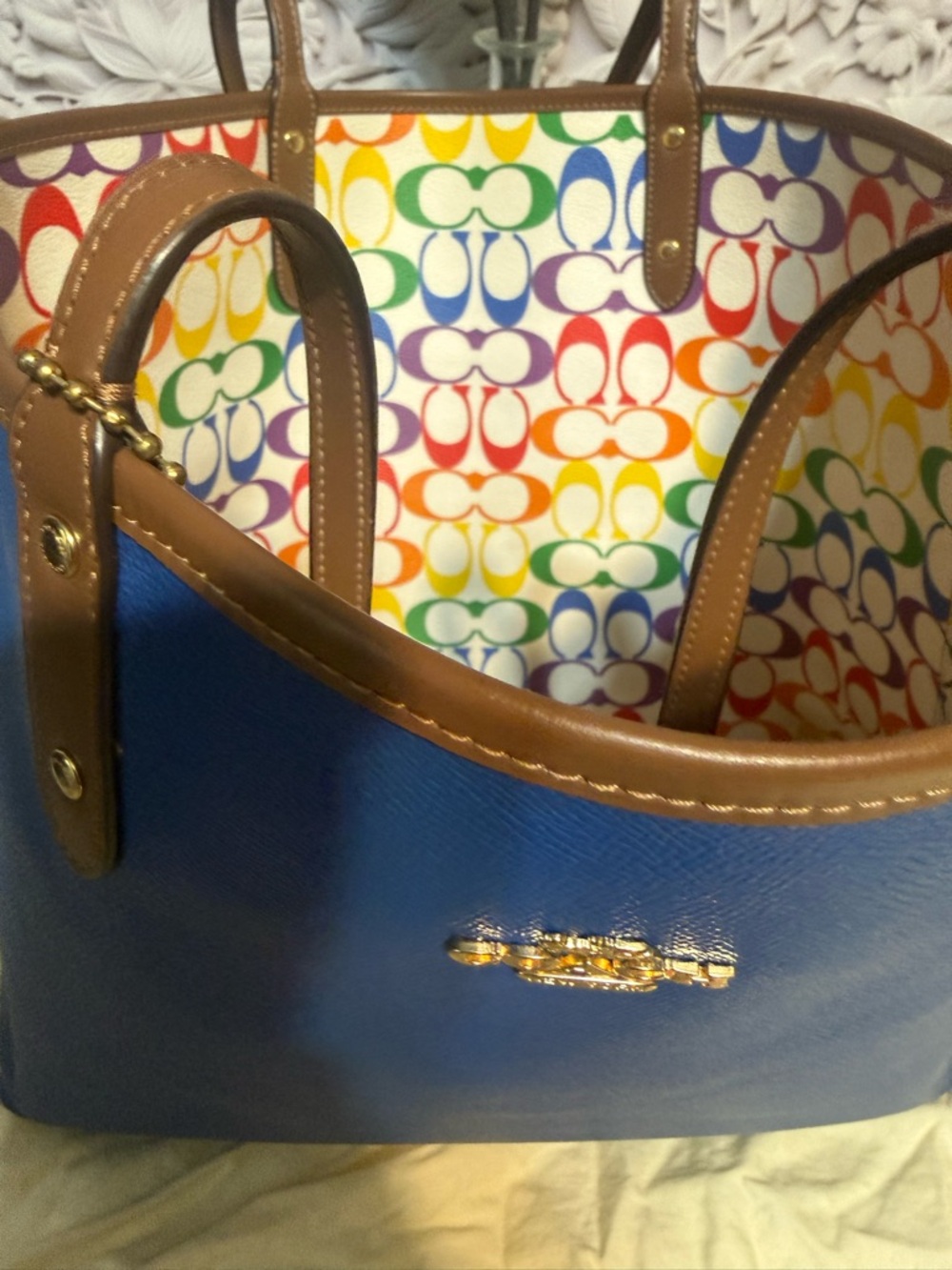 Coach Multicolor Rainbow Signature Tote with Brown Leather Trim - Picture 6 of 10